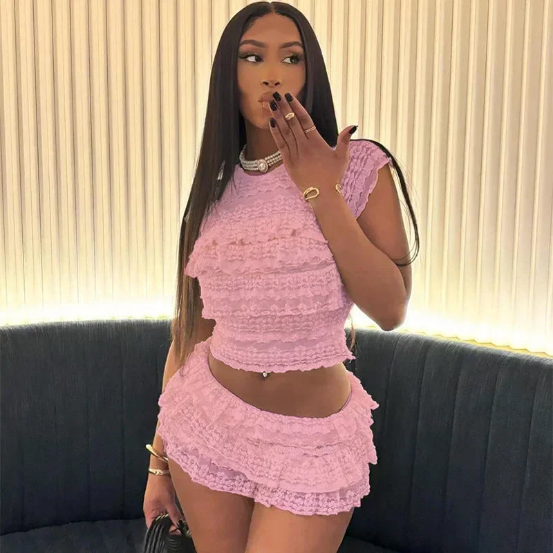 Lace Short Sleeve Top Ruffles Shorts Two Piece Shorts Set