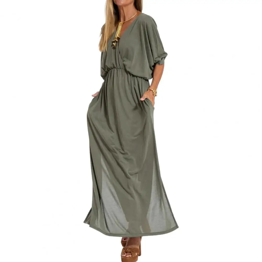 Surplice V-Neck Dolman Sleeve Elastic Waist Flowy Maxi Dress