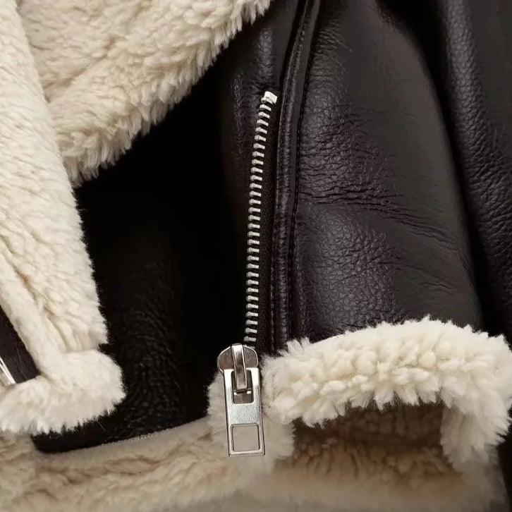 Black Faux Shearling Lapel Zip Cropped Aviator Jacket 8