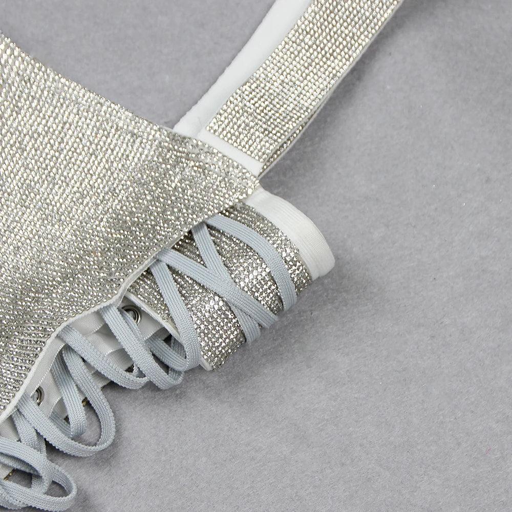 Silver Square Neck Rhinestone Sparkle Lace-Up Bodycon Mini Dress