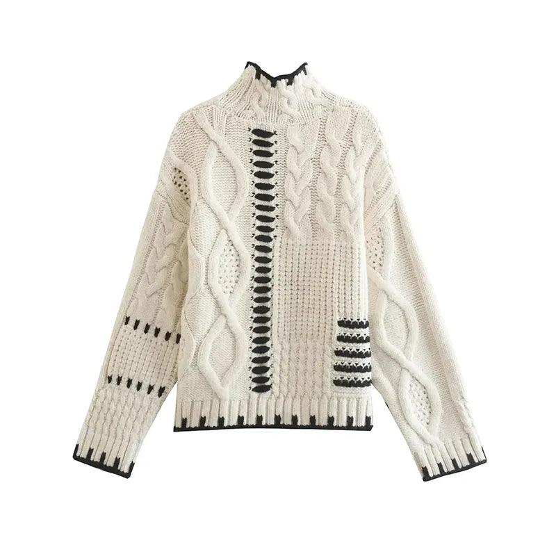 Beige Turtleneck Cable Knit Contrast Stitch Chunky Sweater