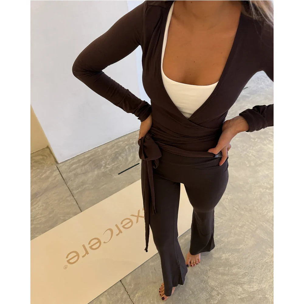 Y2K Tieup Wrap Vneck Two Piece Pants Set