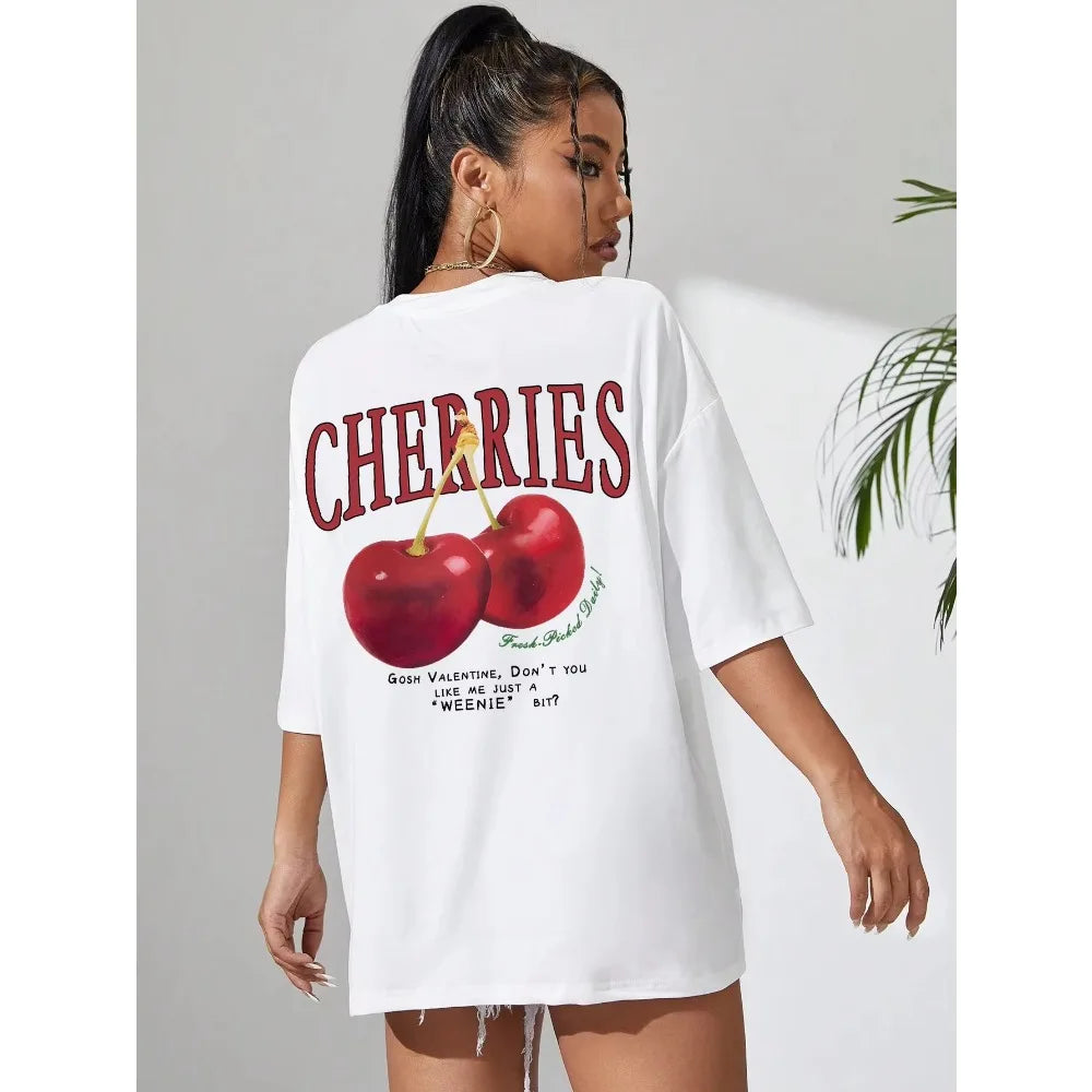 Cherry Print Loose Cotton Tshirt