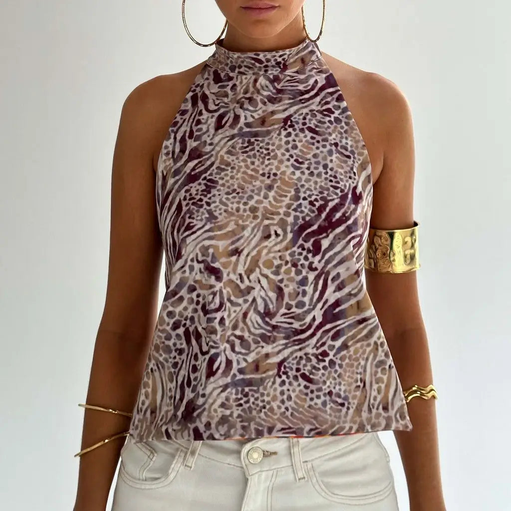 Y2K Button Closure Halter Backless TieDye Cami Top