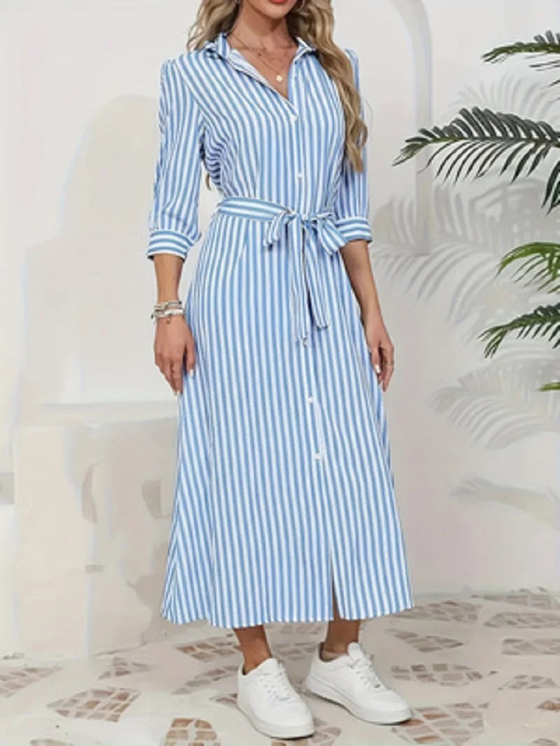 Blue Collared Striped Button Front Tie Waist Midi Shirt Dress 3