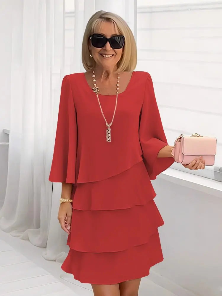 Round Neck Bell Sleeve Chiffon Tiered Layered A-Line Midi Dress 3