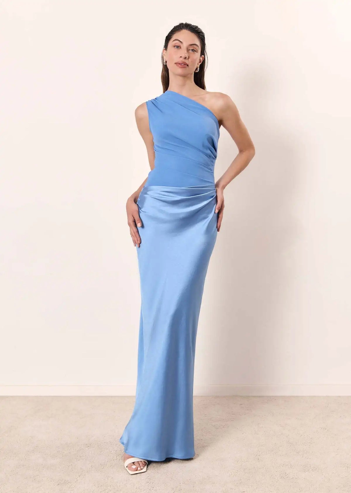 One-Shoulder Ruched Satin Mermaid Maxi Gown 8