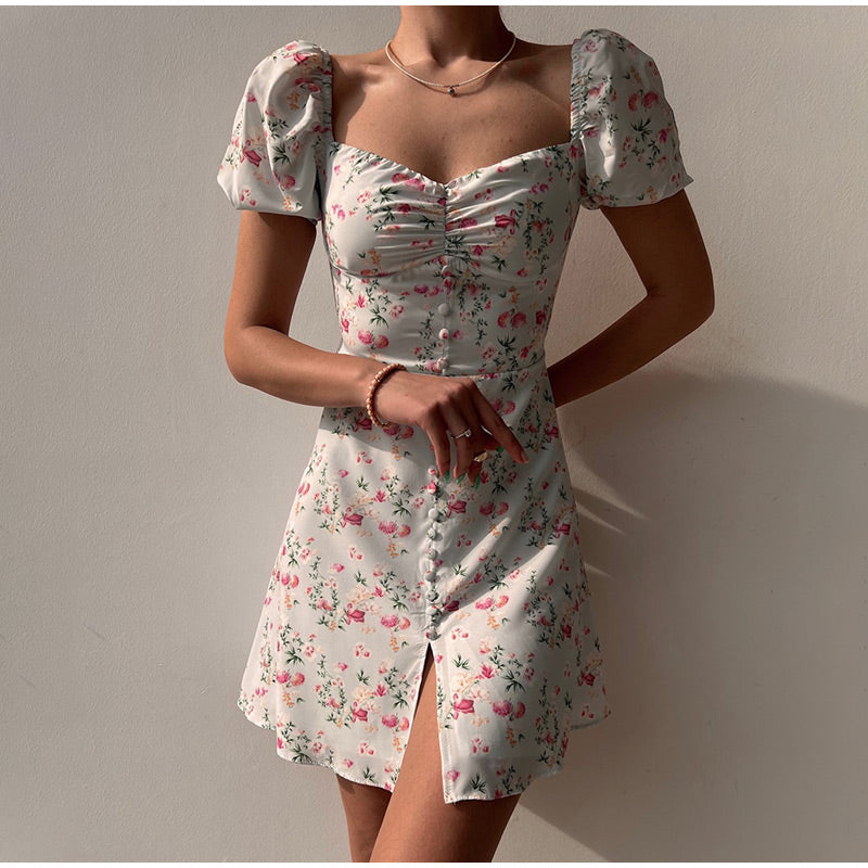 Waist Arm A-Line Puff Women’s V-Neck High Flowered Dress M / Green Dresses