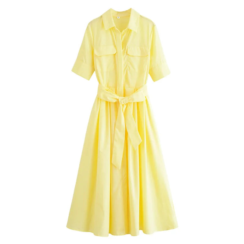 Collar Short Sleeve Chest Pocket Belted A-Line Shirt Dress 12