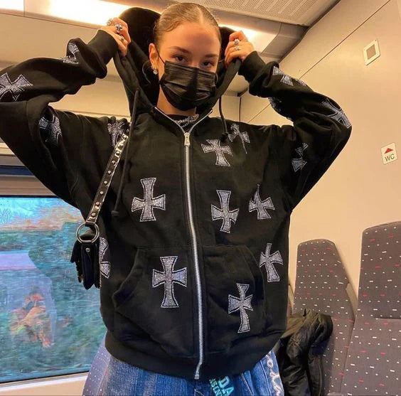 Rhinestone Zip Black Hoodie