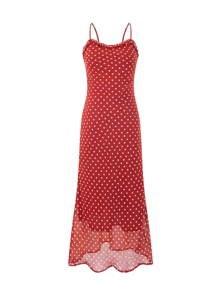 Elegant Red Chiffon Polka Dot Beach Dress for Women Summer Sexy Spaghetti Strap Holidays Dress Fashion Backless Party Outfits