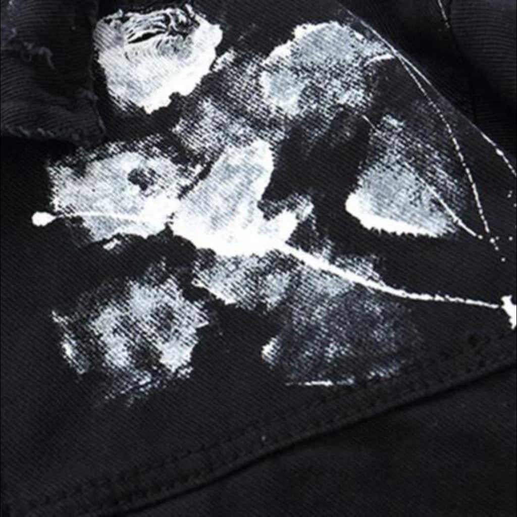 Black Graffiti Print Distressed Paint Splatter Denim Jacket 3