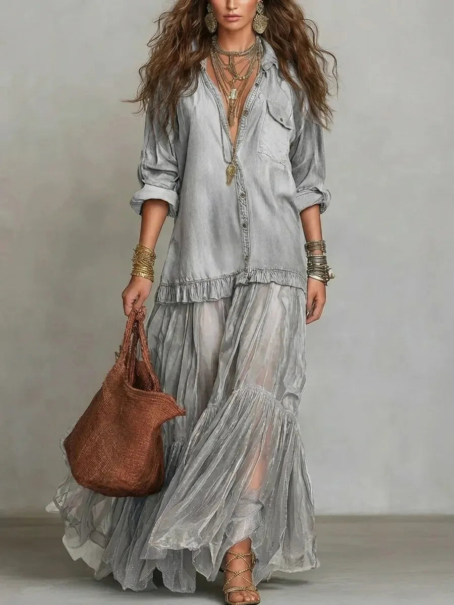 Collared Button Front Long Sleeve Denim Tulle Ruffle Maxi Dress 9