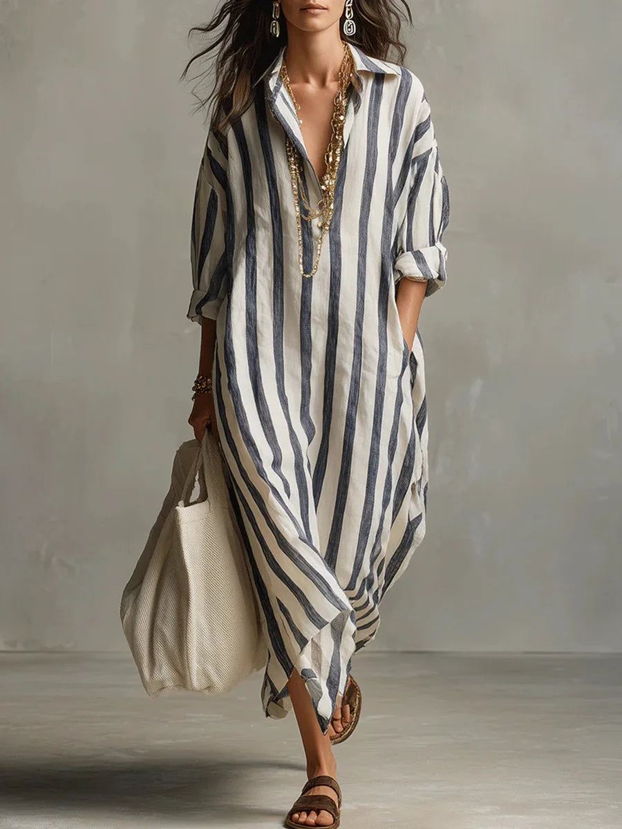 Collared Long Sleeve Striped Oversized Shirt Maxi Dress