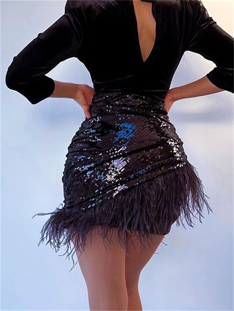 Glitter Women Sequin Feather Tassel Mini Skirt