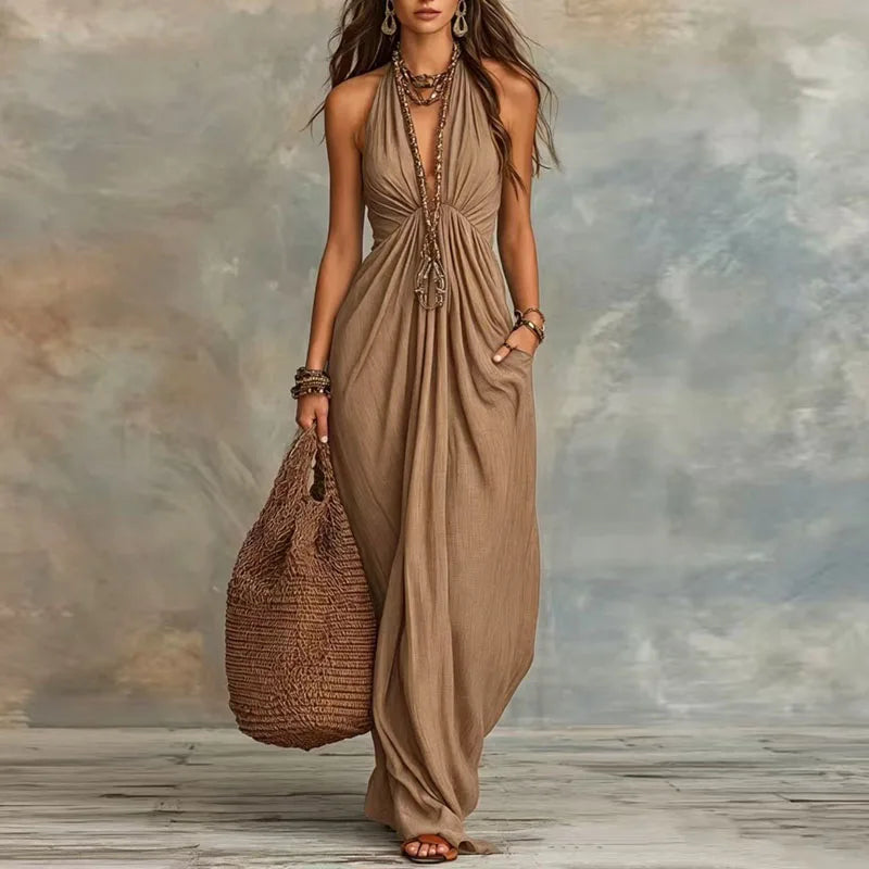 Halter Deep V-Neck Draped Flowy Loose Maxi Dress 2