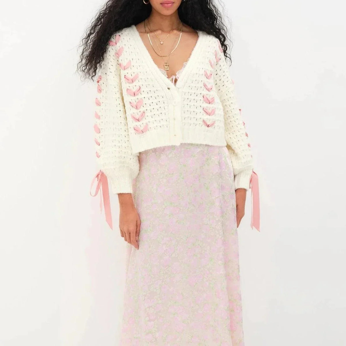 White V-Neck Ribbon Bow Pointelle Knit Cropped Cardigan