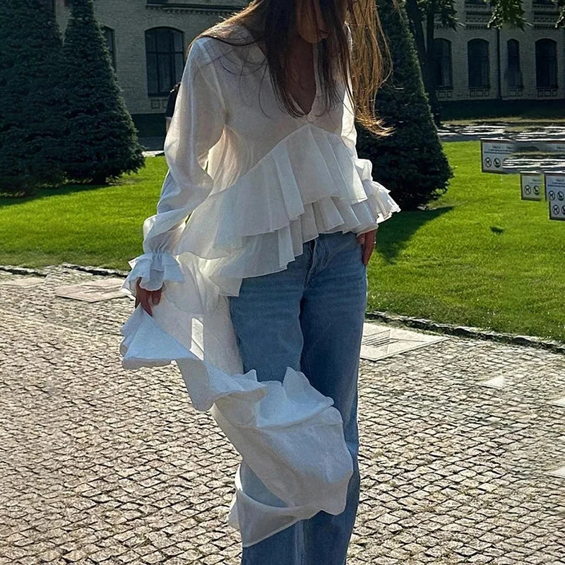 Ruffles Vneck Long Sleeve Casual Blouse
