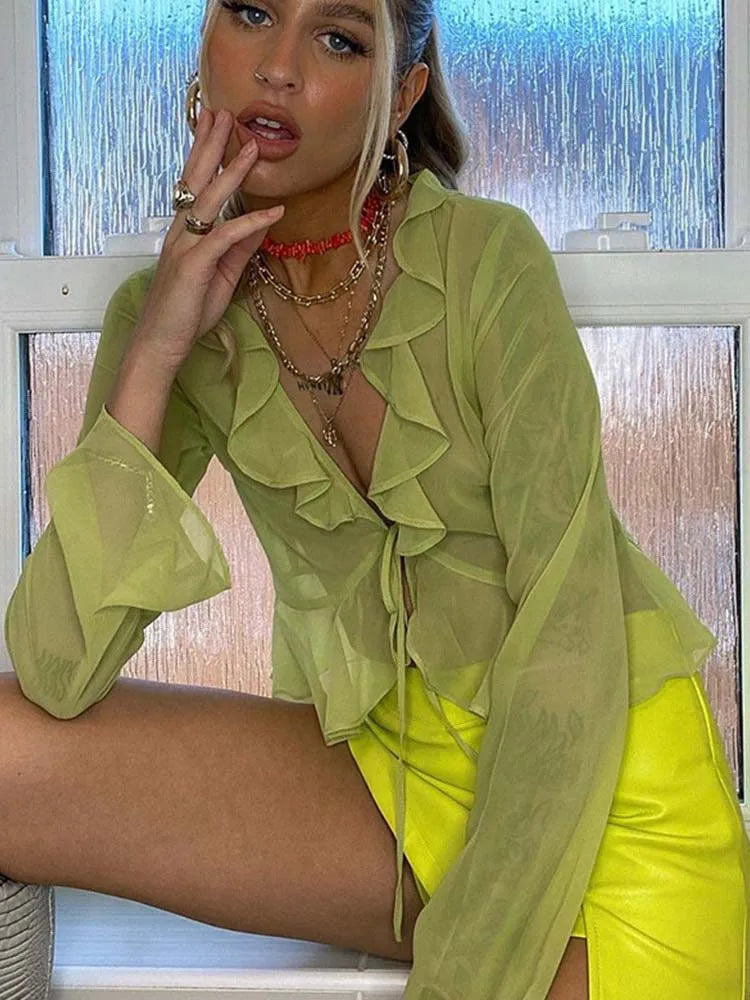Ruffled Green Chiffon Lace Sheer Top