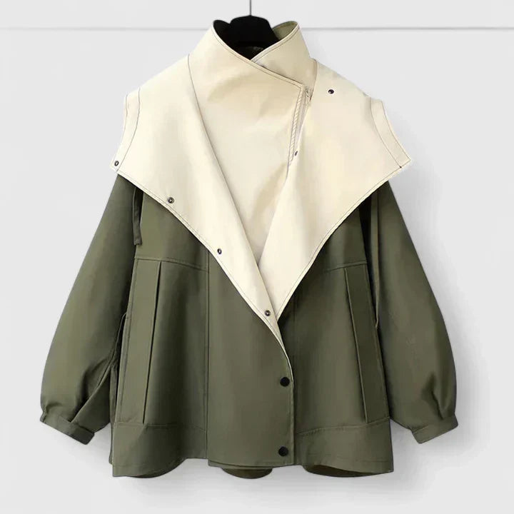 Oversized Lapel Collar Contrast Zip-Up Drawstring Jacket