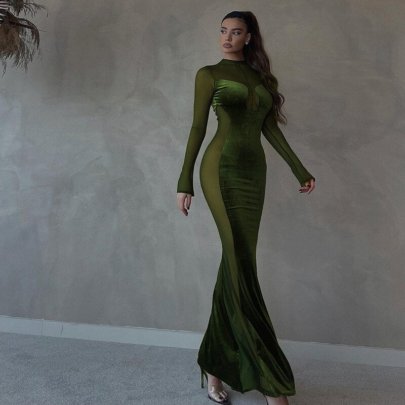 O Elegant Arm Dresses Fashion Full-Length Through Fall Party Gown Club Neck For Outfits Sexy - Long