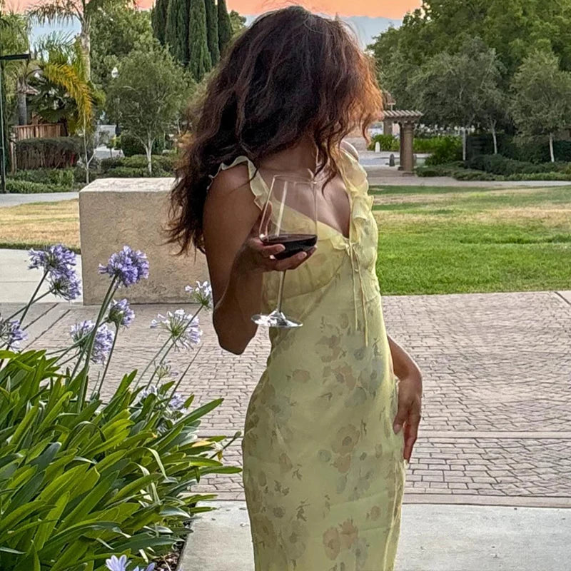 Off Shoulder Ruffle Halter Backless Floral Dress