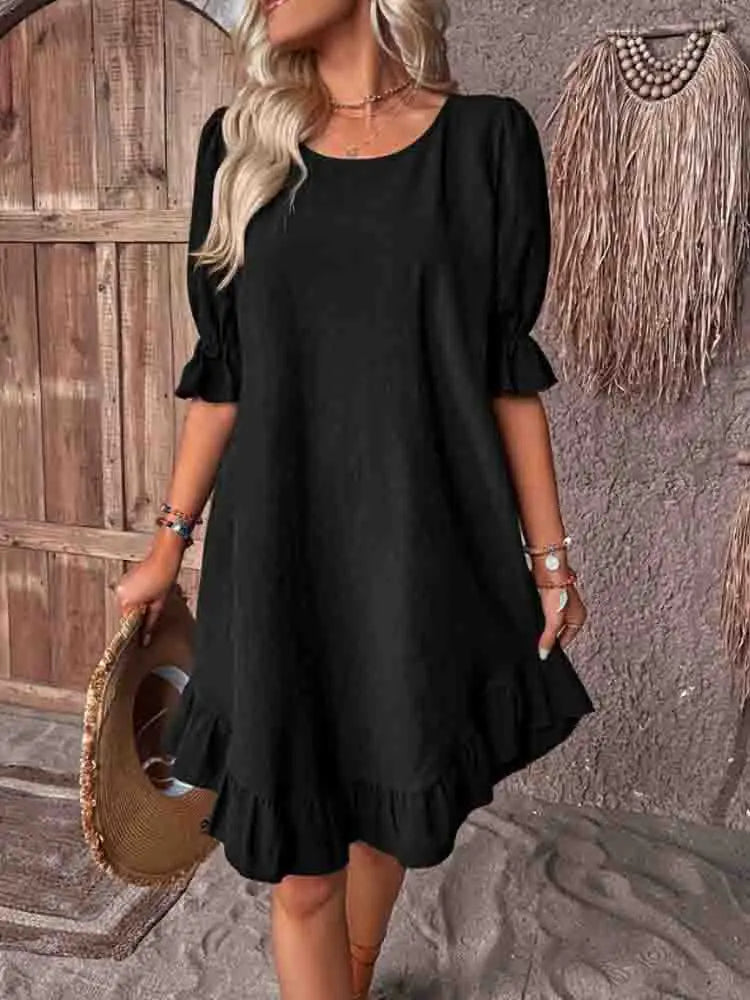 Round Neck Ruffle Cuff Half Sleeve Ruffle Hem Shift Mini Dress