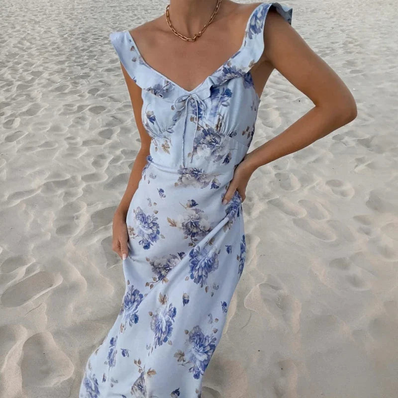 Off Shoulder Ruffle Halter Backless Floral Dress