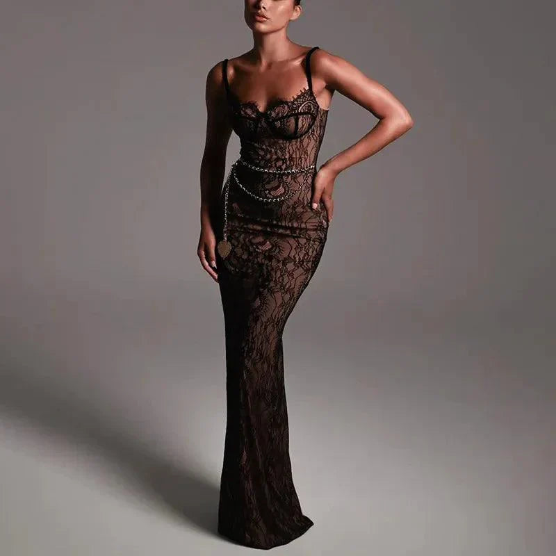 Spaghetti Strap Lace Underwire Chain Belt Bodycon Maxi Dress