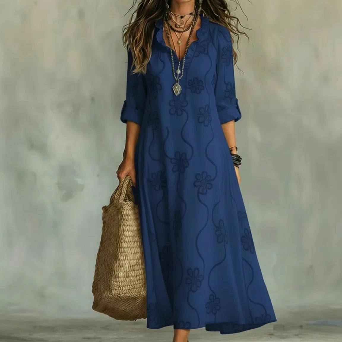 Split Neck Floral Textured Roll Tab Sleeve Shift Maxi Dress 4