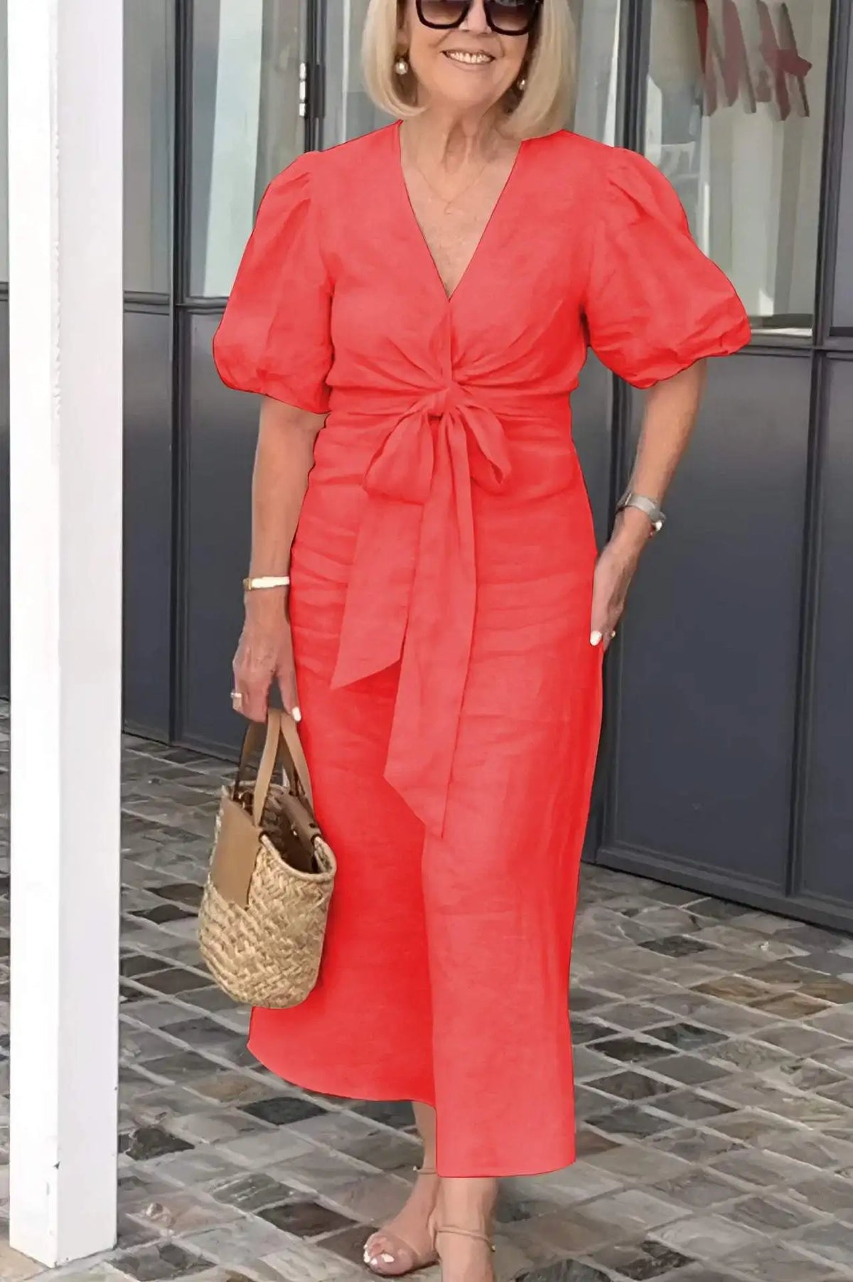 V-Neck Puff Sleeve Tie Front Linen Maxi Dress
