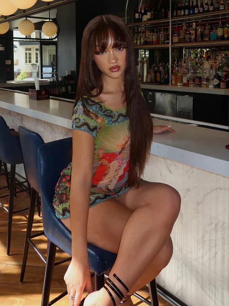 Y2K Mesh Print Crew Neck Mini Dress