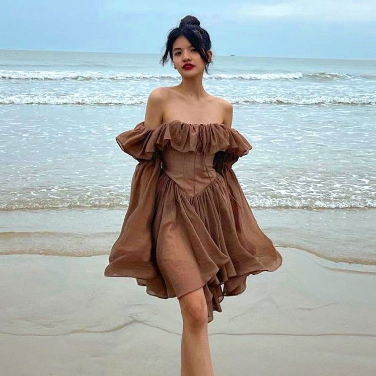 Brown Off-Shoulder Ruffle Corset Long Puff Sleeve Chiffon A-Line Mini Dress