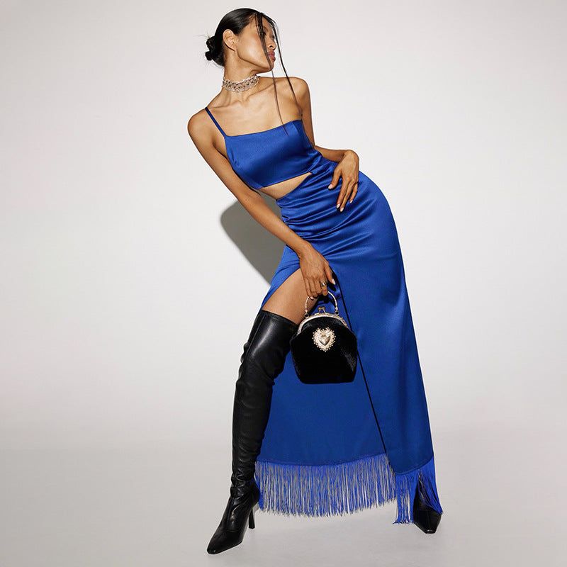 Spaghetti Strap Satin Cutout Fringe Hem High Slit Maxi Dress 3