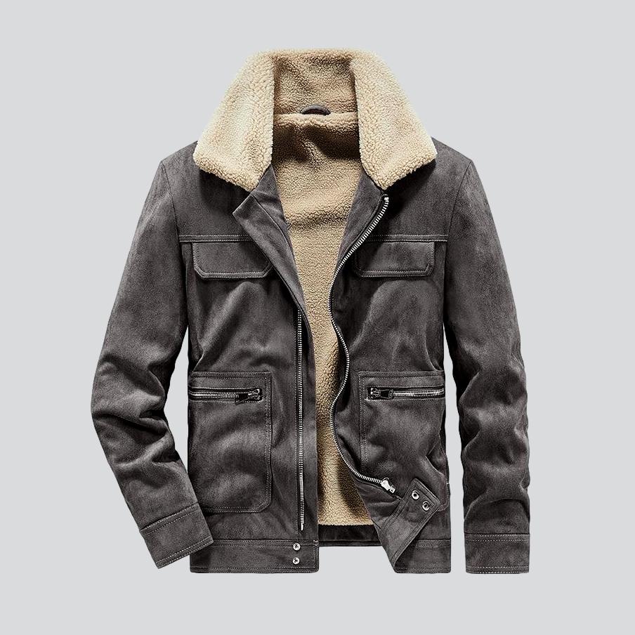Sherpa Collar Zip Front Suede Shearling Jacket 10