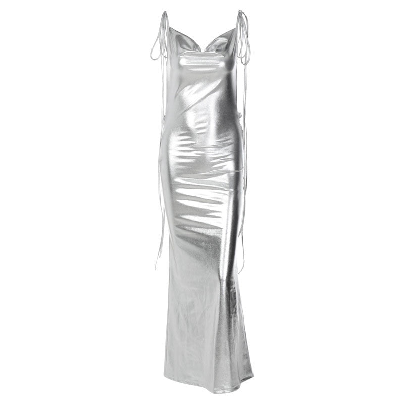 Backless Metallic Tie Strap Ruched High Slit Bodycon Maxi Dress