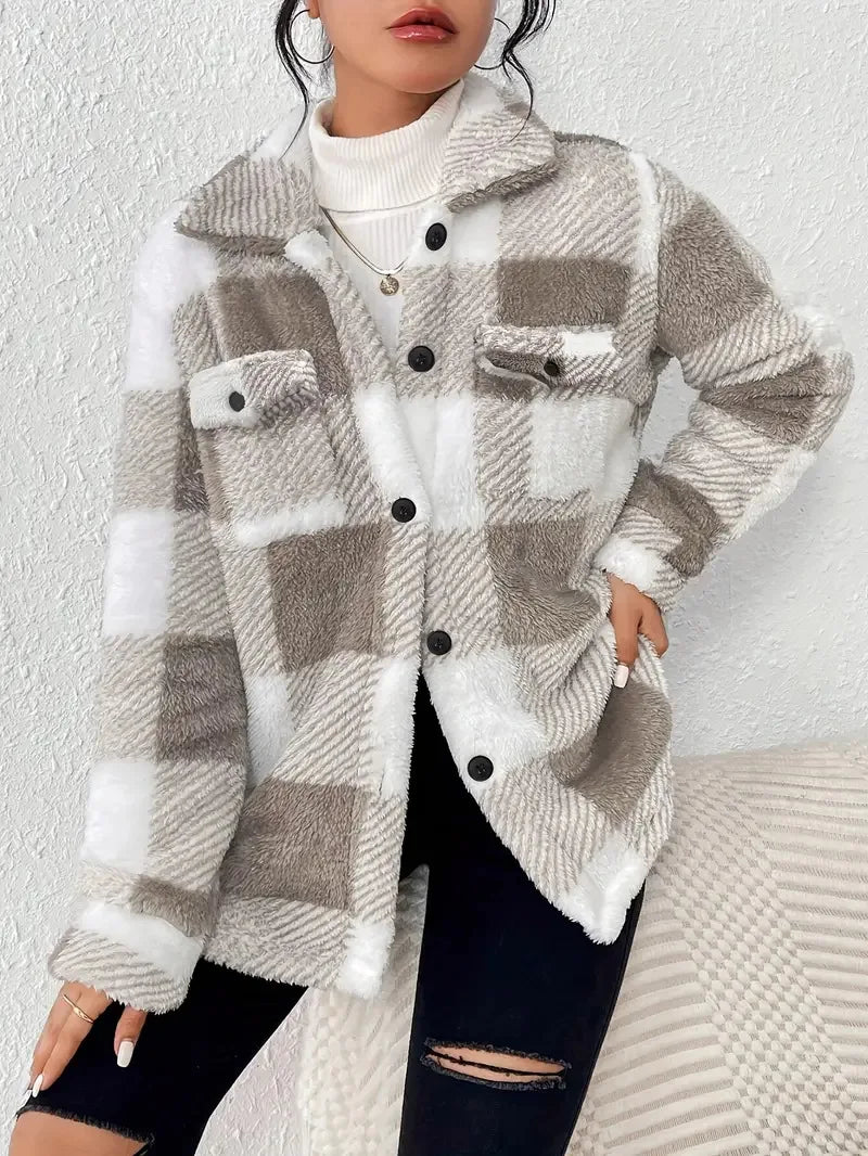 Collared Button Front Plaid Fleece Pocket Shacket Jacket