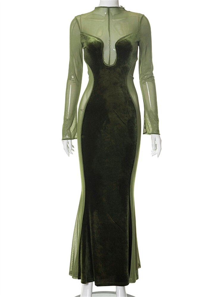 O Elegant Arm Dresses Fashion Full-Length Through Fall Party Gown Club Neck for Outfits Sexy - Long Mesh Patchwork See Women