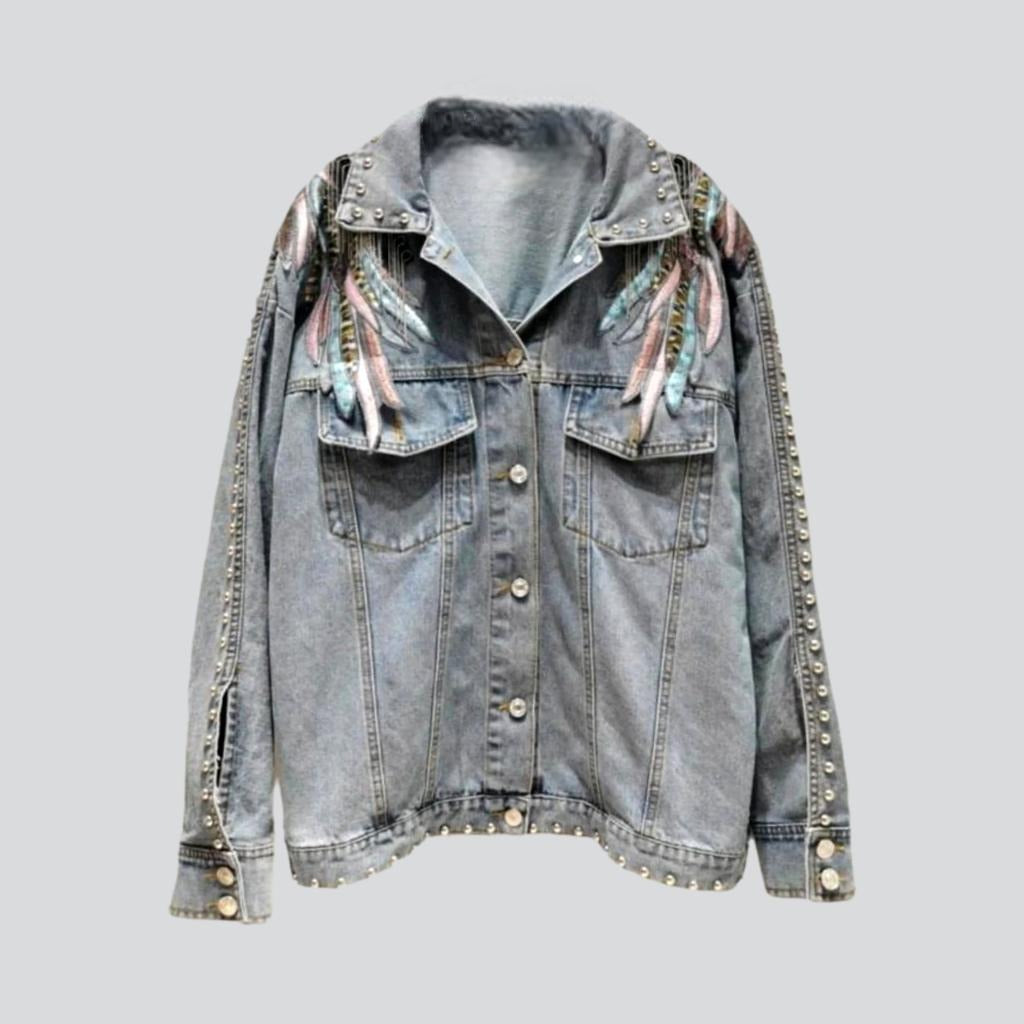 Light Blue Studded Sequin Wing Embroidery Fringe Denim Jacket 3