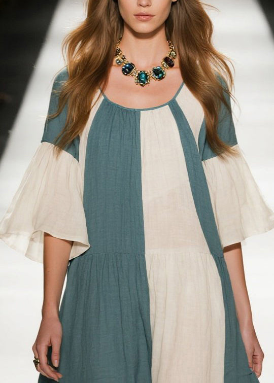 Sea Blue Patchwork Cotton A Line Dresses Oversized Flare Sleeve