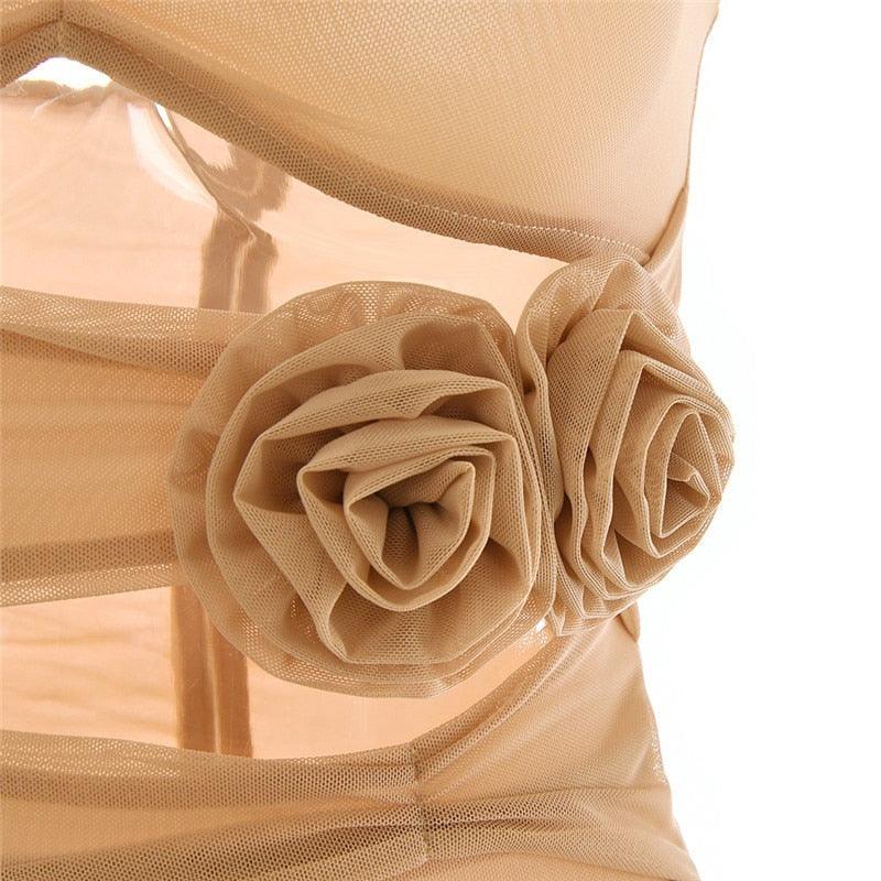 Khaki Strapless Rose Applique Ruched Cutout Bodycon Mini Dress