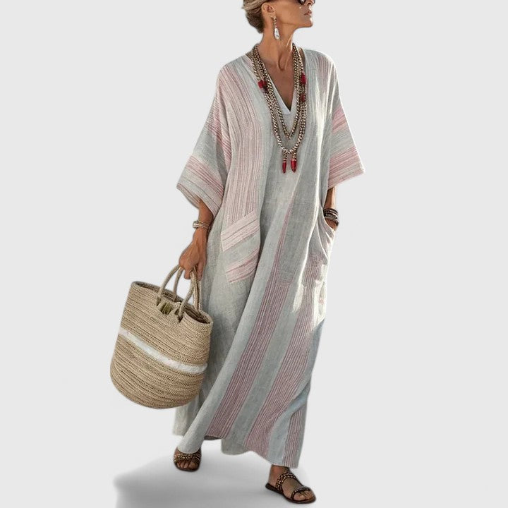 Split Neck Embroidered Striped Pocket Kaftan Maxi Dress