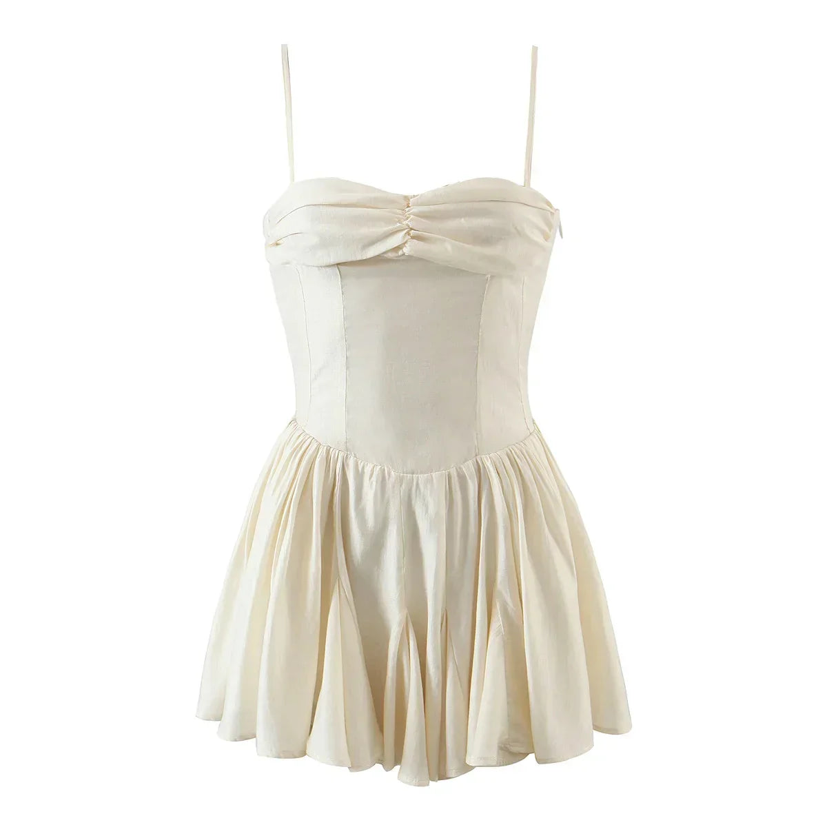 Ivory Spaghetti Strap Sweetheart Ruched Bubble Hem A-Line Mini Dress 9