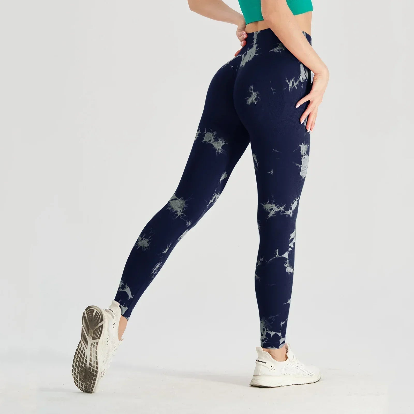 Tie Dye Waist Tummy Control Seamless Push Up Yoga Legging Navy Blue / S