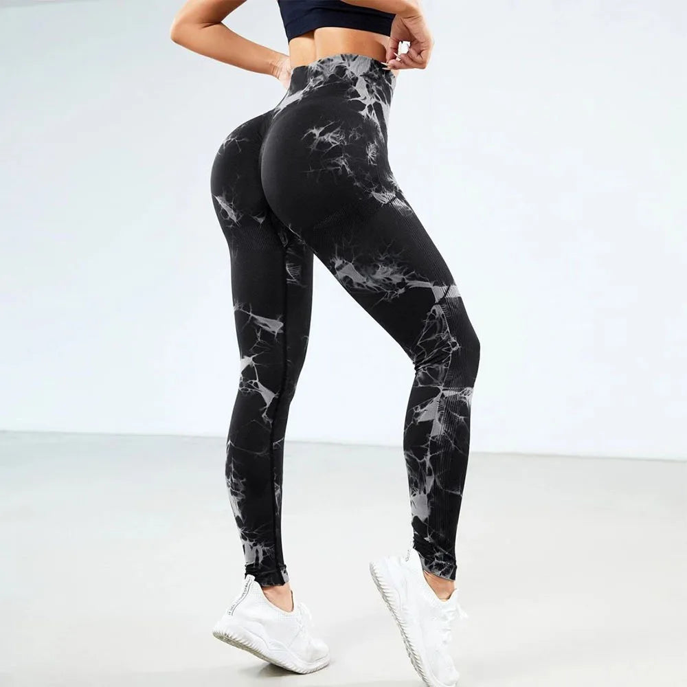 Tie Dye Waist Tummy Control Seamless Push Up Yoga Legging Black / S