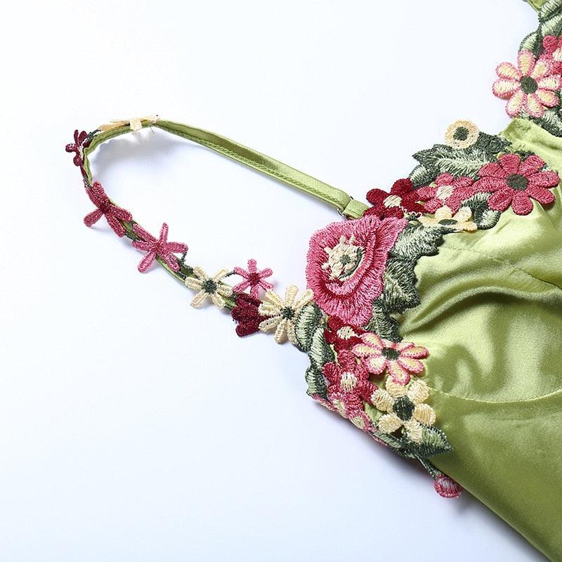 Green Spaghetti Strap Floral Applique Satin Bodycon Mini Dress 17