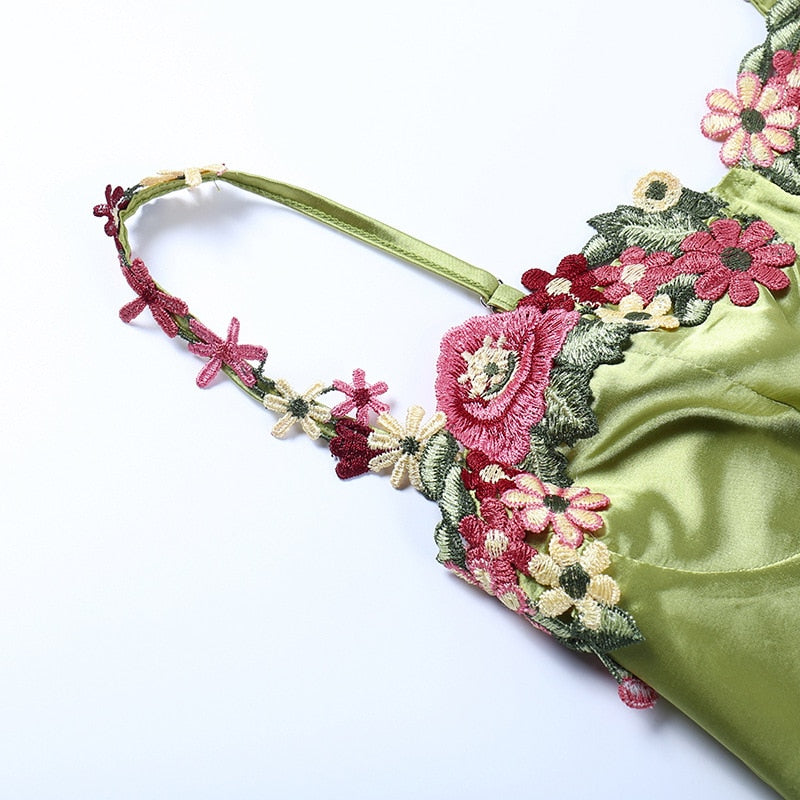 Green Spaghetti Strap Floral Embroidered Bust Satin Bodycon Mini Dress