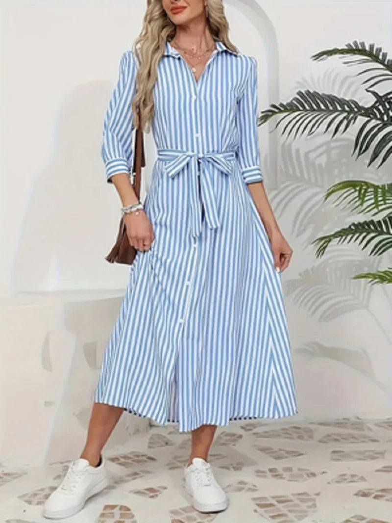 Blue Collared Striped Button Front Tie Waist Midi Shirt Dress 4