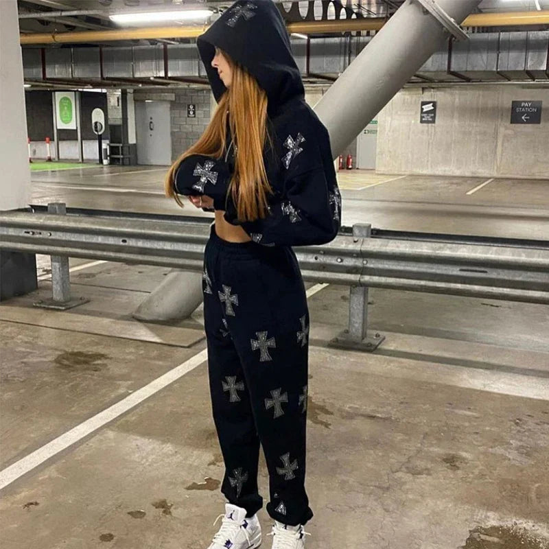 Rhinestone Zip Black Hoodie