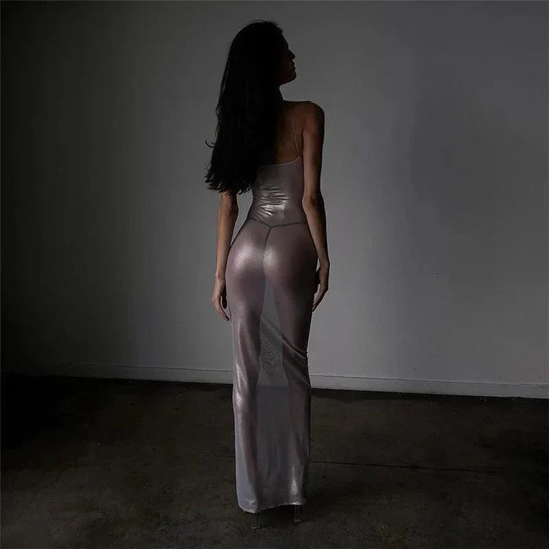 Silver Spaghetti Strap Sheer Metallic Mesh Bodycon Maxi Dress 5